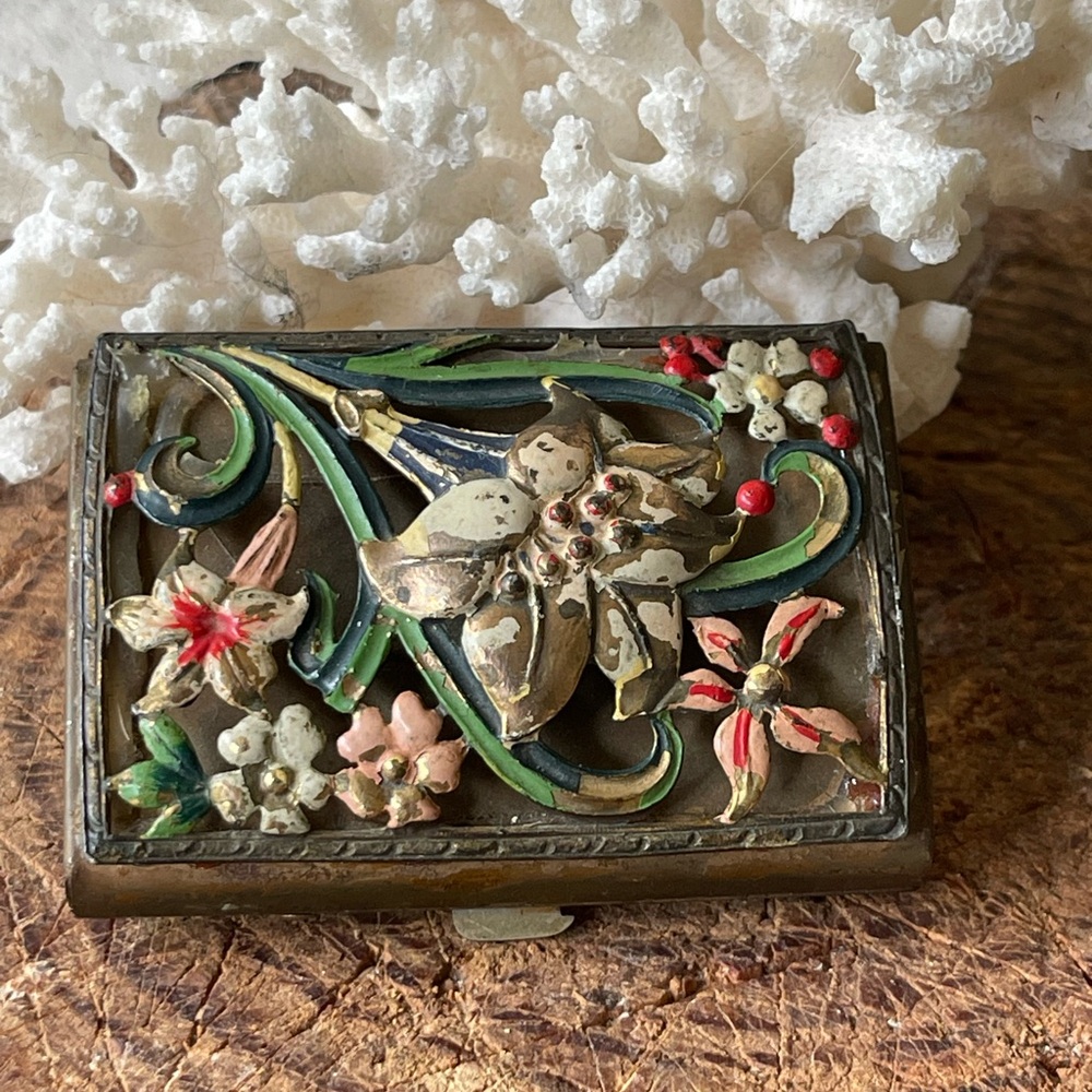 Vintage brass Chinese Enamel cardholder Flowers